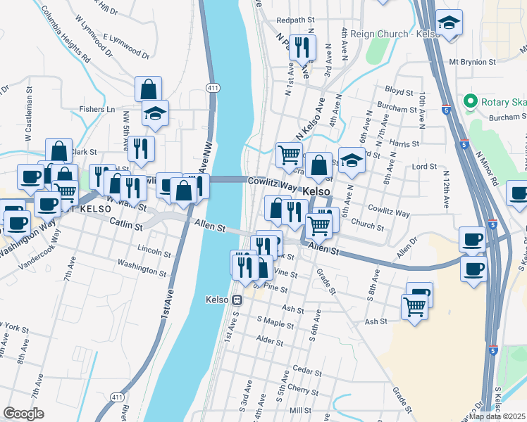 map of restaurants, bars, coffee shops, grocery stores, and more near 101 Academy Street in Kelso