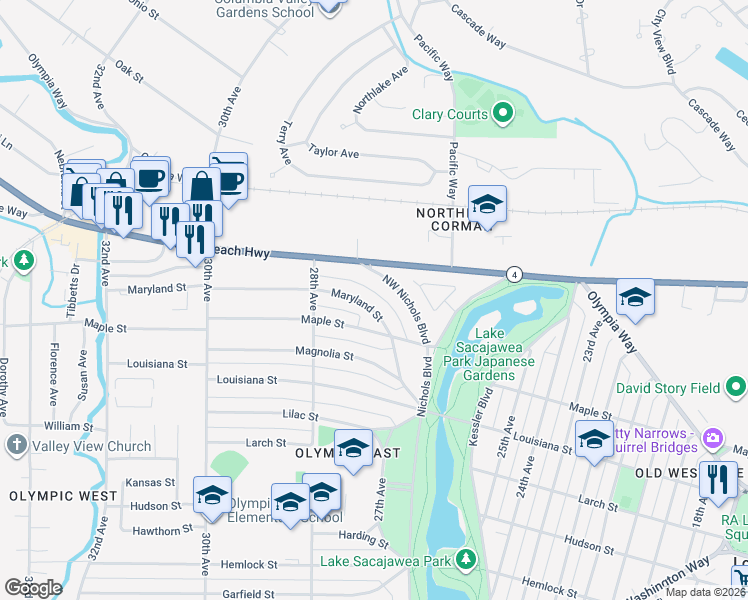map of restaurants, bars, coffee shops, grocery stores, and more near 2720 Maryland Street in Longview