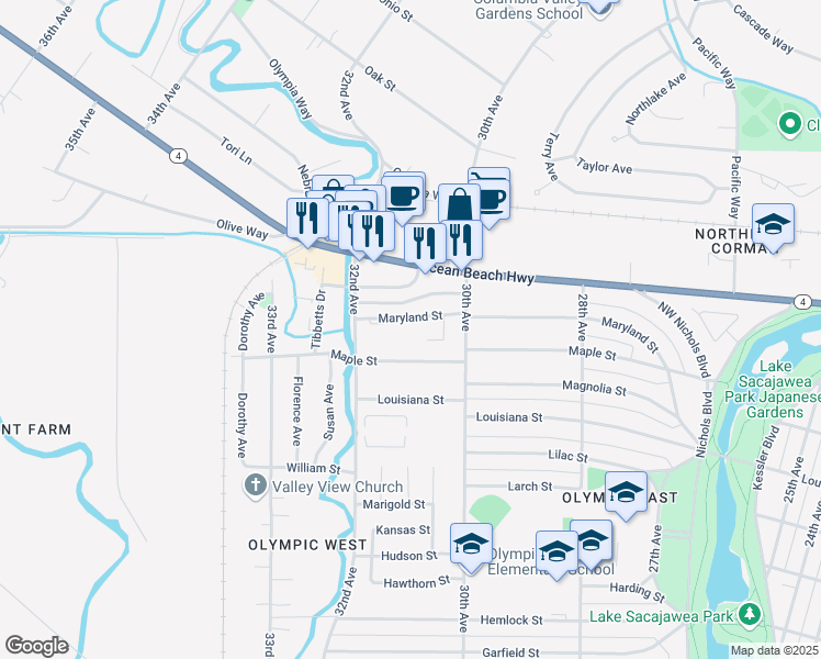 map of restaurants, bars, coffee shops, grocery stores, and more near 3045 Maryland Street in Longview