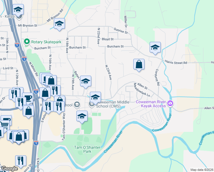 map of restaurants, bars, coffee shops, grocery stores, and more near 310 Barr Drive in Kelso