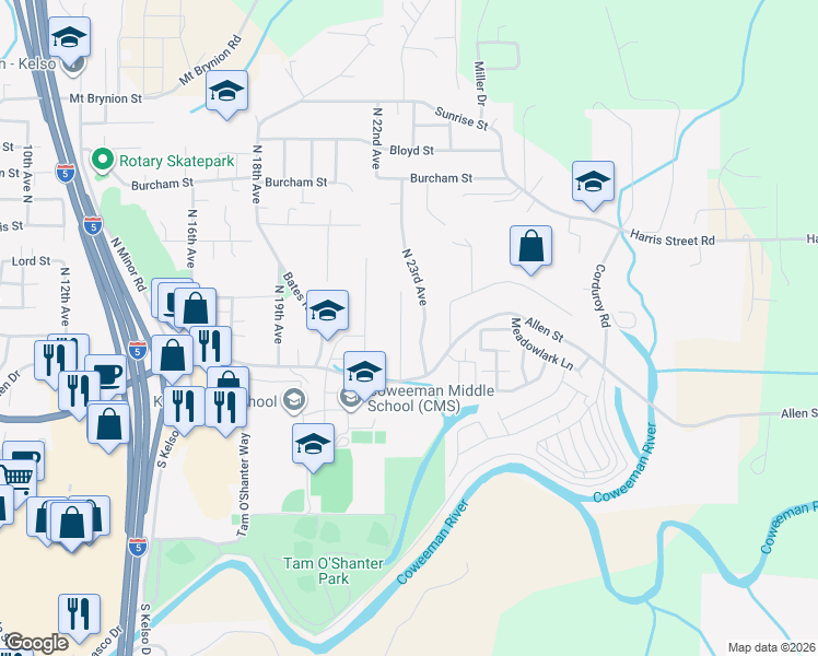 map of restaurants, bars, coffee shops, grocery stores, and more near 310 Barr Drive in Kelso