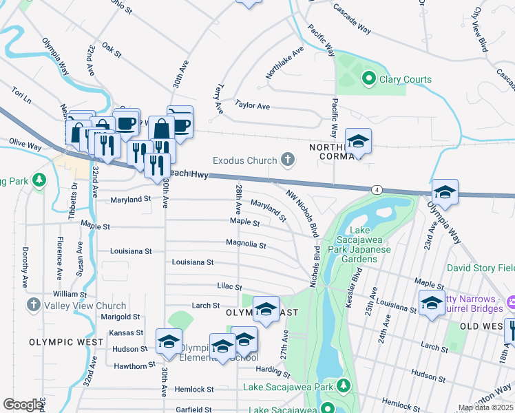 map of restaurants, bars, coffee shops, grocery stores, and more near 2765 Maryland Street in Longview