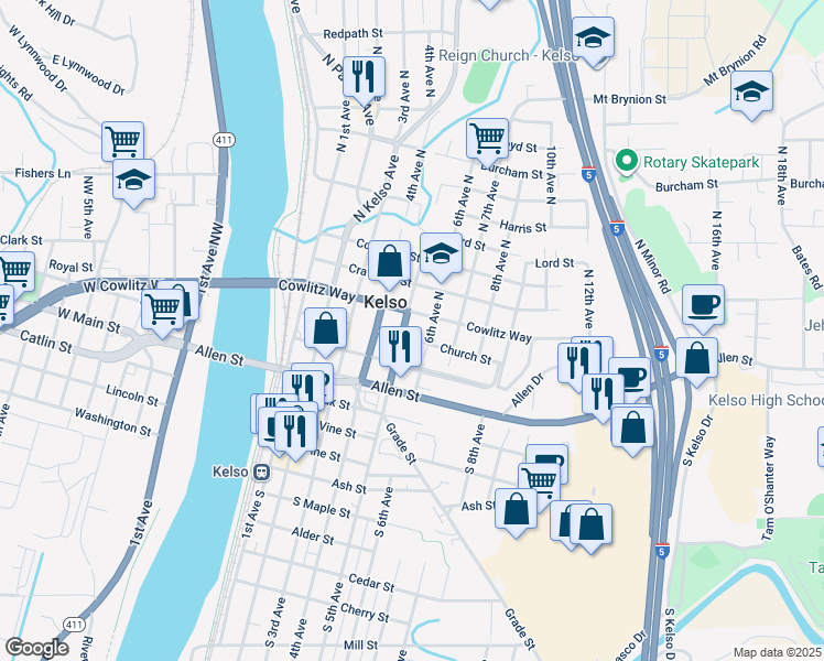 map of restaurants, bars, coffee shops, grocery stores, and more near 505 Church Street in Kelso