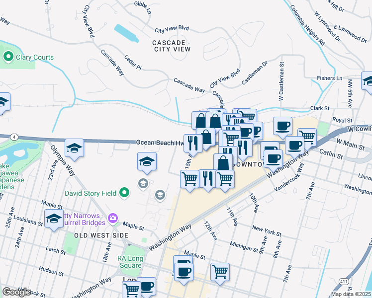 map of restaurants, bars, coffee shops, grocery stores, and more near 1863 15th Avenue in Longview