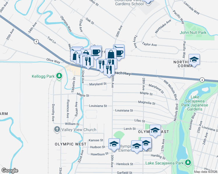 map of restaurants, bars, coffee shops, grocery stores, and more near 2071 30th Avenue in Longview