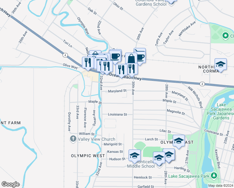 map of restaurants, bars, coffee shops, grocery stores, and more near 3045 Maryland Street in Longview