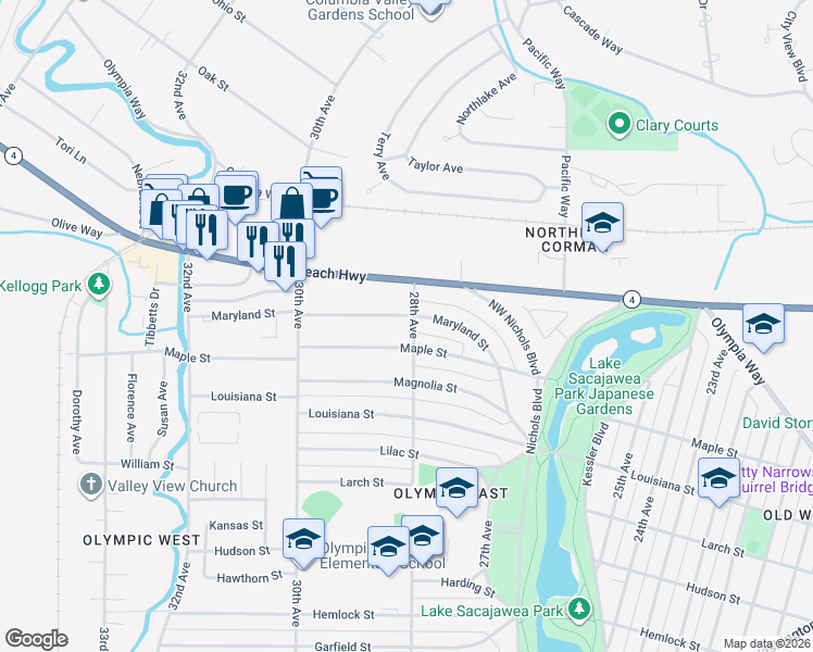 map of restaurants, bars, coffee shops, grocery stores, and more near 2025 28th Avenue in Longview