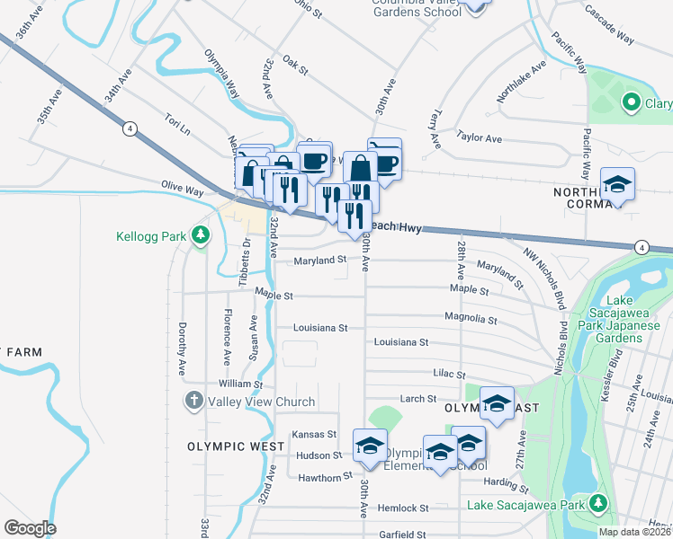 map of restaurants, bars, coffee shops, grocery stores, and more near 3045 Maryland Street in Longview