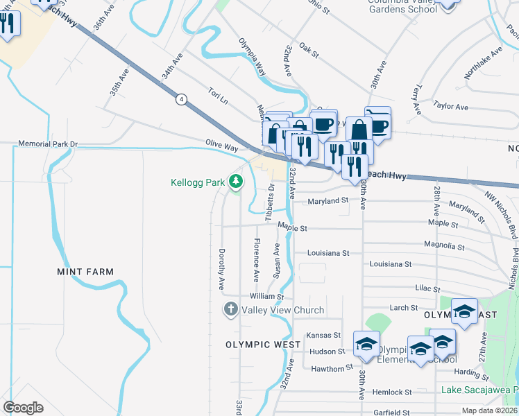 map of restaurants, bars, coffee shops, grocery stores, and more near 2005 Tibbetts Drive in Longview