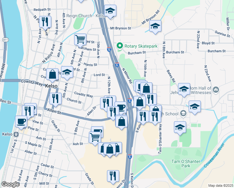 map of restaurants, bars, coffee shops, grocery stores, and more near 1301 Cowlitz Way in Kelso