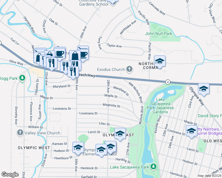 map of restaurants, bars, coffee shops, grocery stores, and more near 2787 Maryland Street in Longview