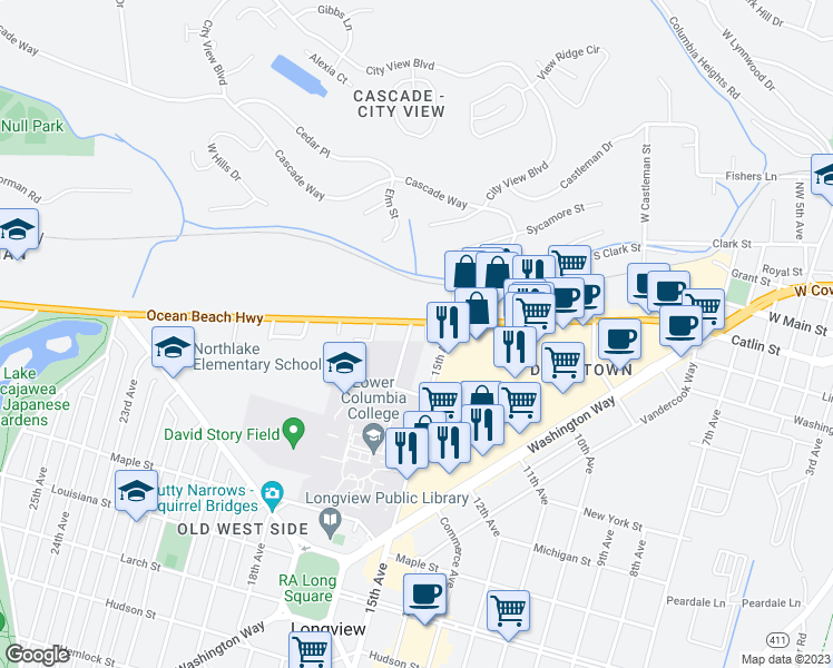 map of restaurants, bars, coffee shops, grocery stores, and more near 1863 15th Avenue in Longview