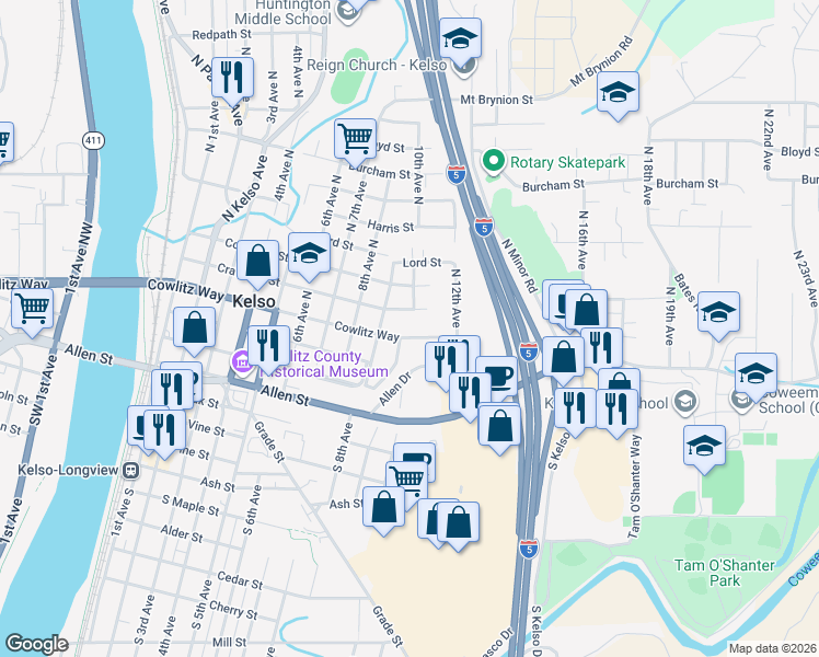 map of restaurants, bars, coffee shops, grocery stores, and more near 909 Cowlitz Way in Kelso