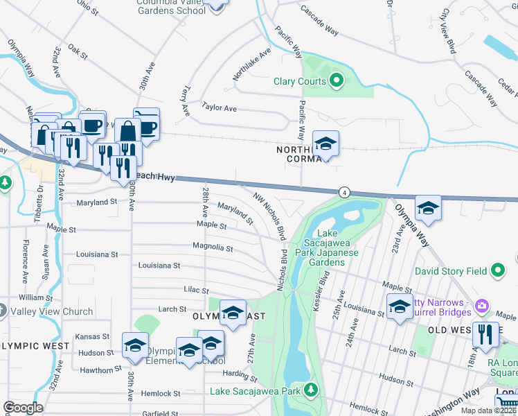 map of restaurants, bars, coffee shops, grocery stores, and more near 2720 Maryland Street in Longview