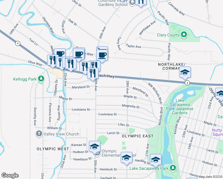 map of restaurants, bars, coffee shops, grocery stores, and more near 2843 Maryland Street in Longview