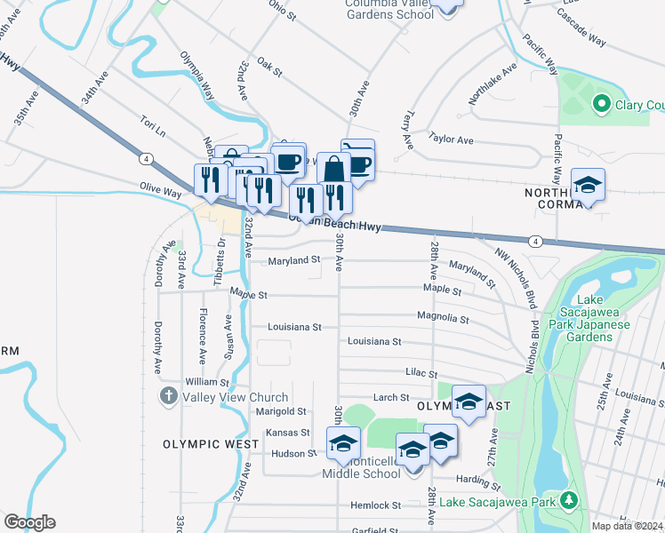 map of restaurants, bars, coffee shops, grocery stores, and more near 2071 30th Avenue in Longview