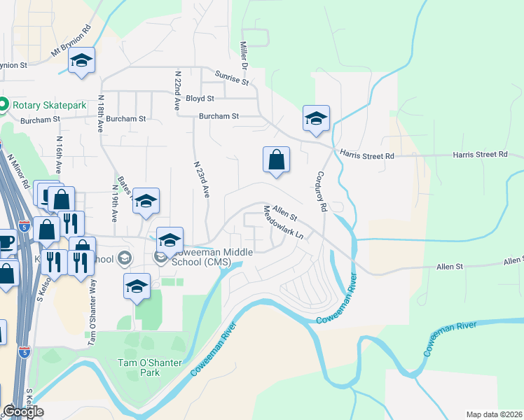map of restaurants, bars, coffee shops, grocery stores, and more near 413 Peacock Ln in Kelso