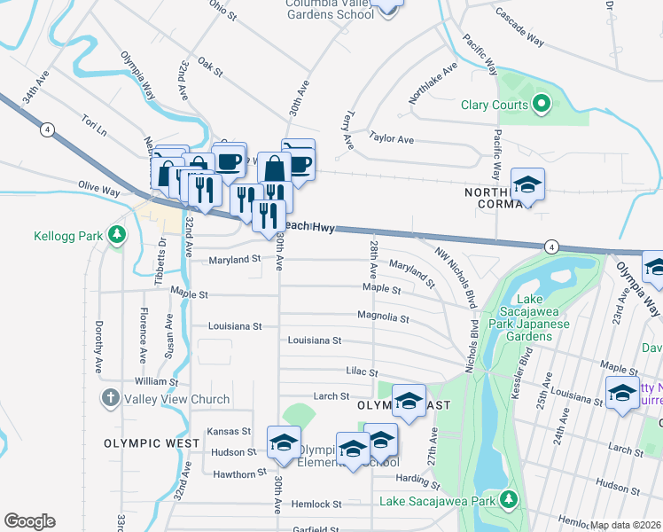 map of restaurants, bars, coffee shops, grocery stores, and more near 2843 Maryland Street in Longview