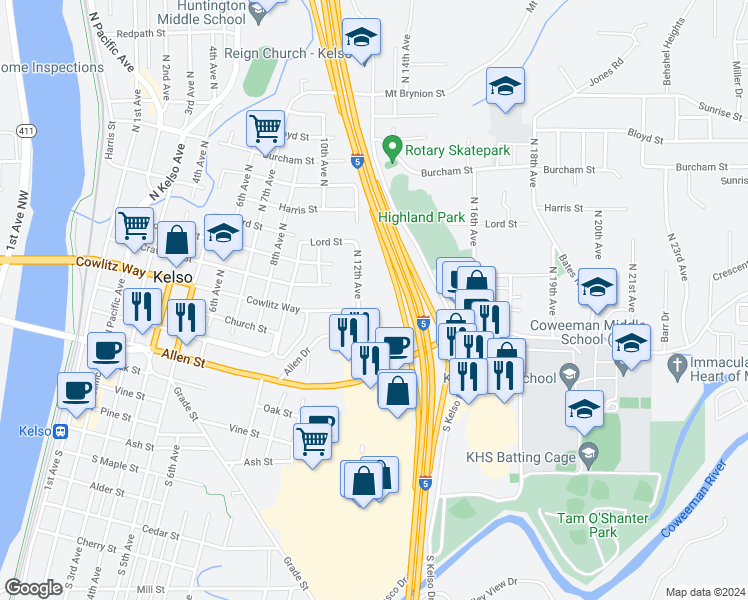 map of restaurants, bars, coffee shops, grocery stores, and more near 1301 Cowlitz Way in Kelso