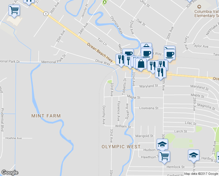 map of restaurants, bars, coffee shops, grocery stores, and more near 1923 33rd Avenue in Longview