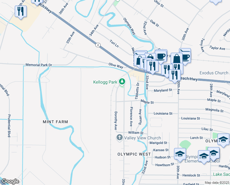 map of restaurants, bars, coffee shops, grocery stores, and more near 2 Dorothy Avenue in Longview