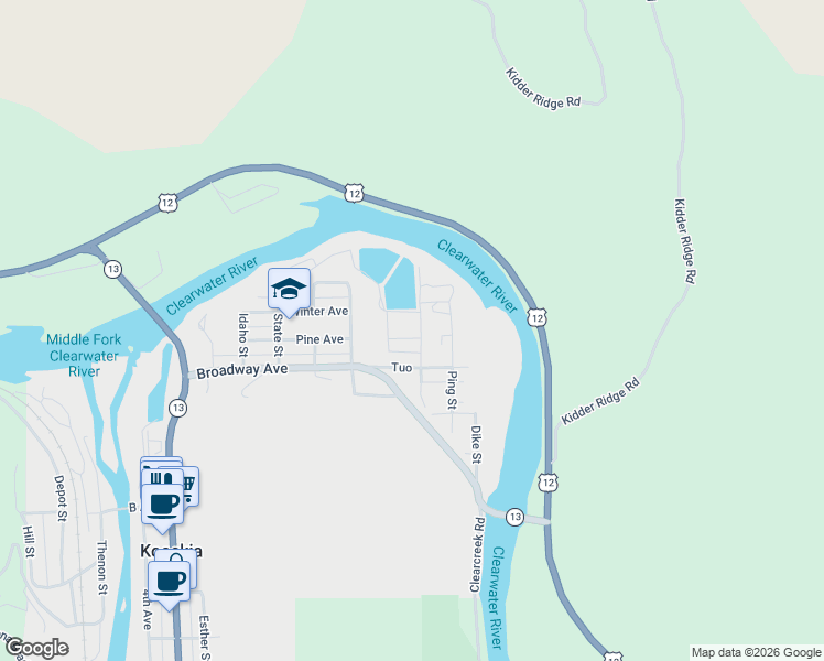 map of restaurants, bars, coffee shops, grocery stores, and more near 619 Pine Avenue in Kooskia