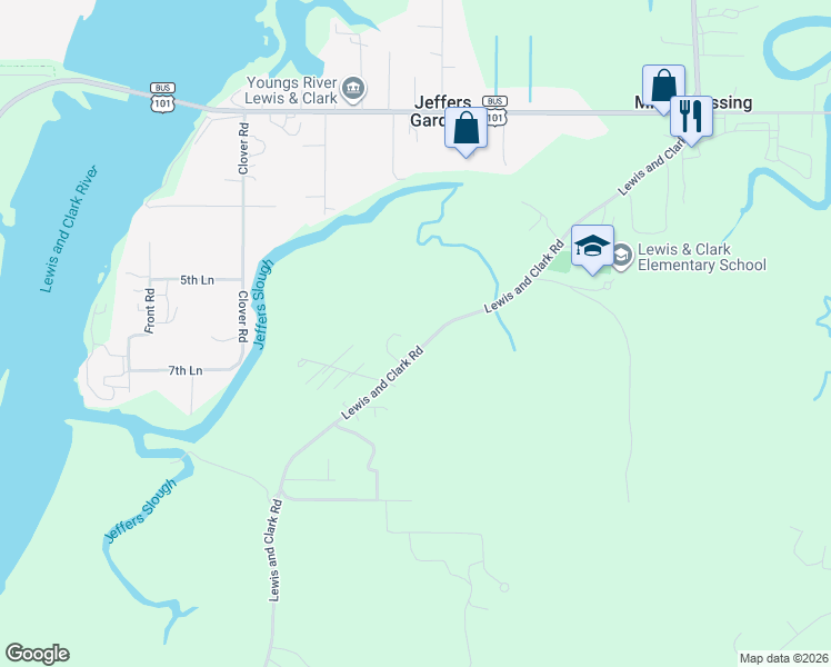 map of restaurants, bars, coffee shops, grocery stores, and more near 92000 Lewis and Clark Road in Astoria