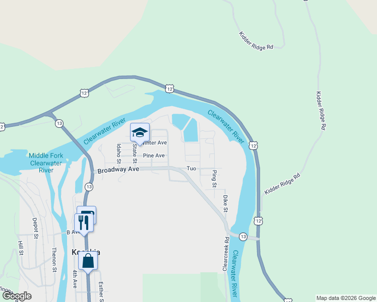 map of restaurants, bars, coffee shops, grocery stores, and more near 619 Pine Avenue in Kooskia