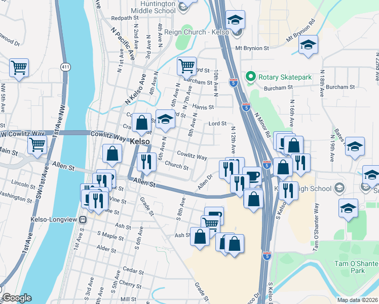 map of restaurants, bars, coffee shops, grocery stores, and more near 801 Cowlitz Way in Kelso