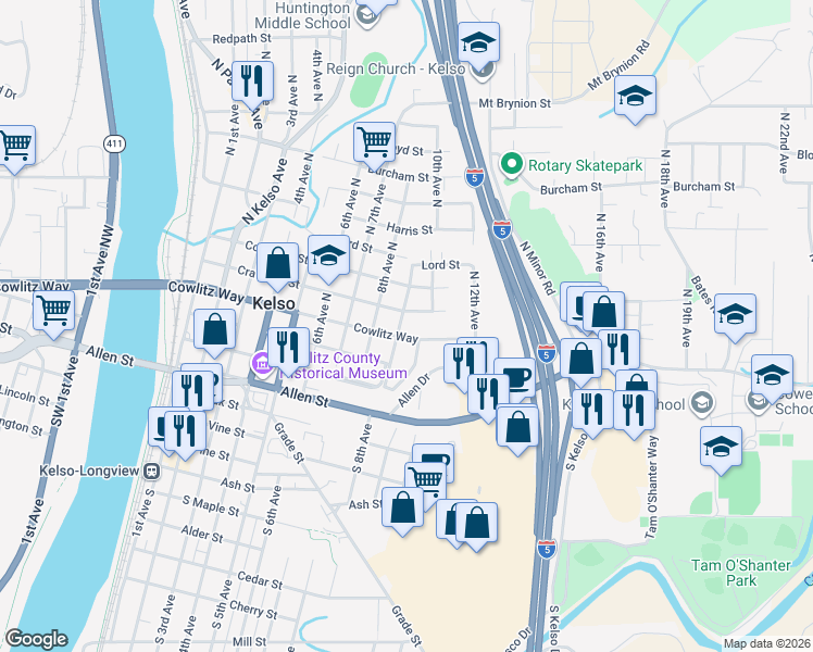 map of restaurants, bars, coffee shops, grocery stores, and more near 909 Cowlitz Way in Kelso