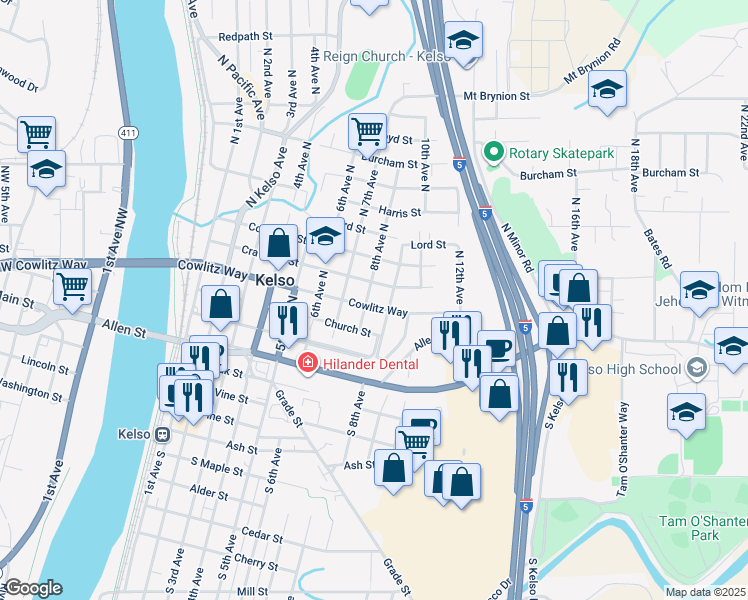map of restaurants, bars, coffee shops, grocery stores, and more near 801 Cowlitz Way in Kelso