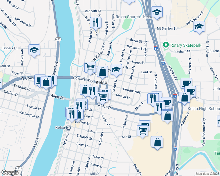 map of restaurants, bars, coffee shops, grocery stores, and more near 505 Church Street in Kelso