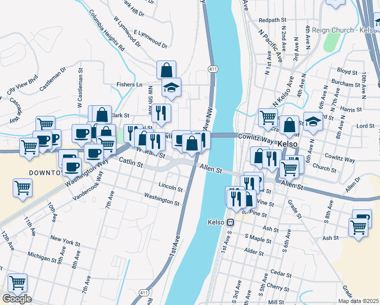 map of restaurants, bars, coffee shops, grocery stores, and more near 110 Grant Street in Kelso