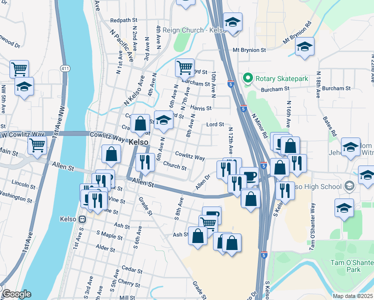 map of restaurants, bars, coffee shops, grocery stores, and more near 402 8th Avenue North in Kelso