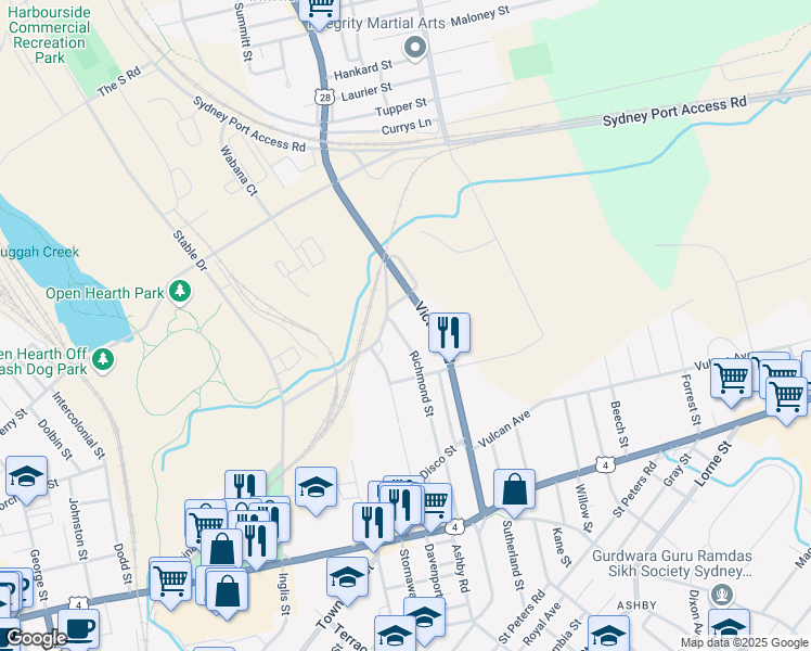 map of restaurants, bars, coffee shops, grocery stores, and more near 136 Richmond Street in Sydney