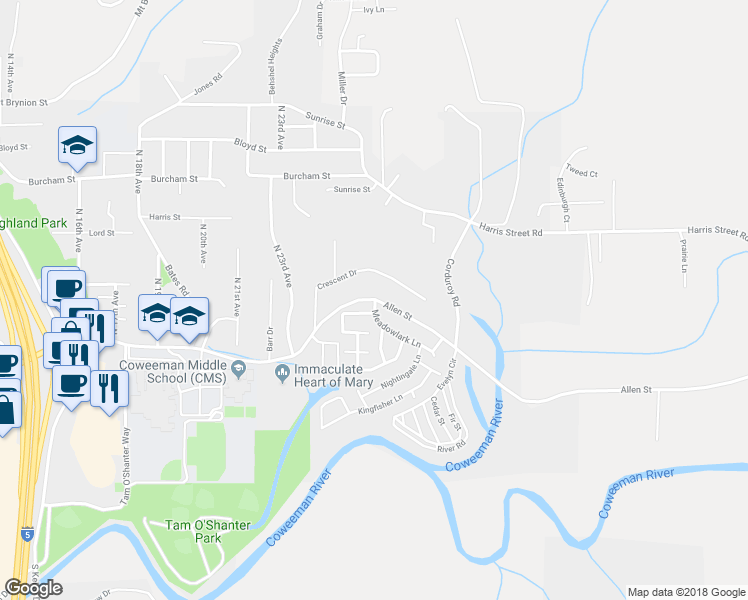 map of restaurants, bars, coffee shops, grocery stores, and more near 2438 Allen St in Kelso