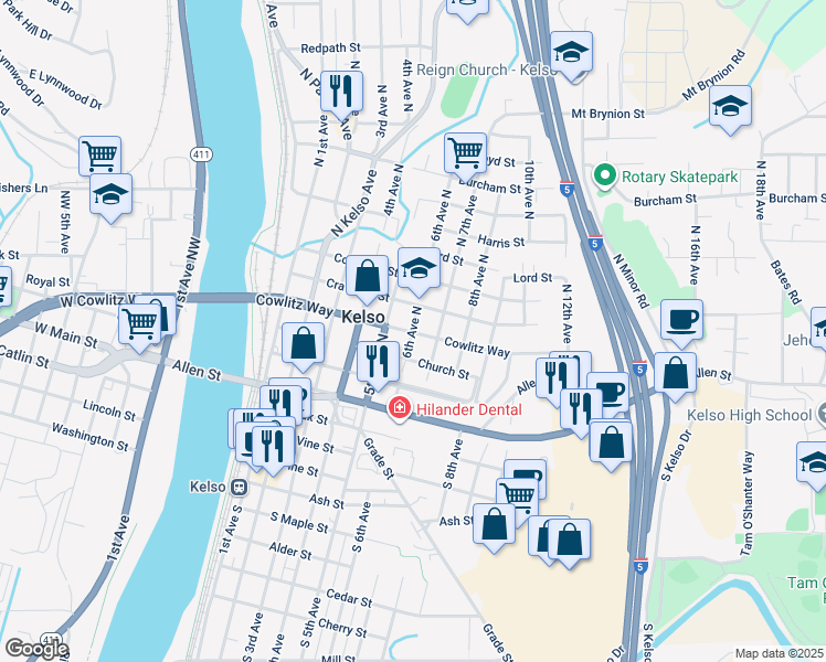 map of restaurants, bars, coffee shops, grocery stores, and more near 505 Church Street in Kelso