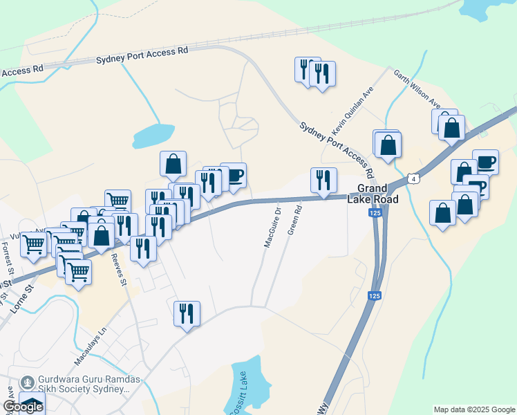 map of restaurants, bars, coffee shops, grocery stores, and more near 576 Grand Lake Road in Sydney