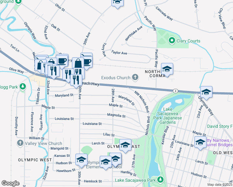 map of restaurants, bars, coffee shops, grocery stores, and more near 2765 Maryland Street in Longview