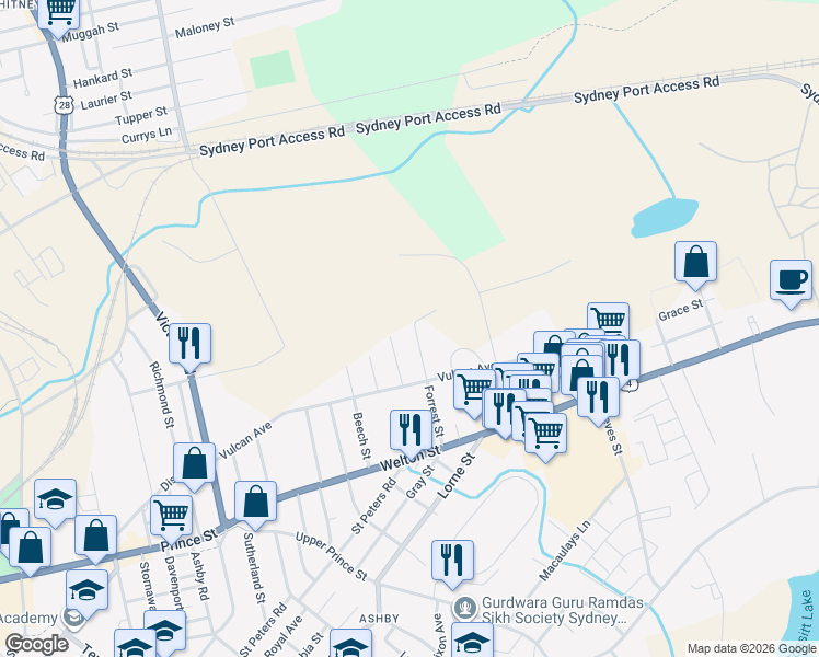 map of restaurants, bars, coffee shops, grocery stores, and more near 11 Forrest Street in Sydney