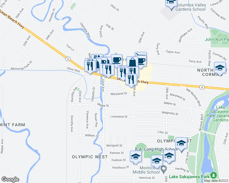 map of restaurants, bars, coffee shops, grocery stores, and more near 3120 Maryland Street in Longview