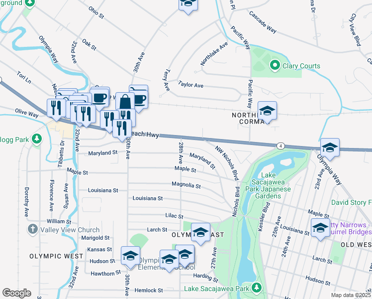map of restaurants, bars, coffee shops, grocery stores, and more near 2765 Maryland Street in Longview