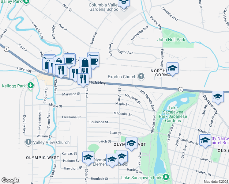map of restaurants, bars, coffee shops, grocery stores, and more near 2025 28th Avenue in Longview