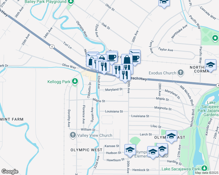 map of restaurants, bars, coffee shops, grocery stores, and more near 3133 Maryland Street in Longview