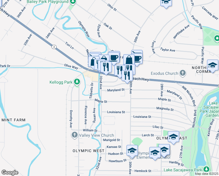 map of restaurants, bars, coffee shops, grocery stores, and more near 3133 Maryland Street in Longview