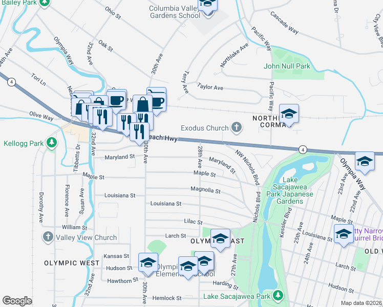 map of restaurants, bars, coffee shops, grocery stores, and more near 2820 Maryland Street in Longview
