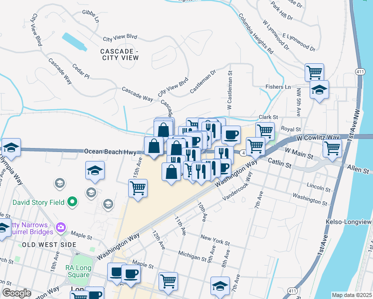 map of restaurants, bars, coffee shops, grocery stores, and more near 2034 10th Avenue in Longview