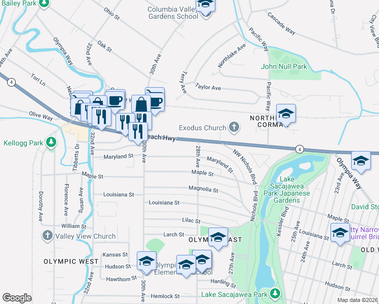 map of restaurants, bars, coffee shops, grocery stores, and more near 2025 28th Avenue in Longview