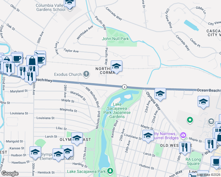 map of restaurants, bars, coffee shops, grocery stores, and more near 2615 Ocean Beach Highway in Longview