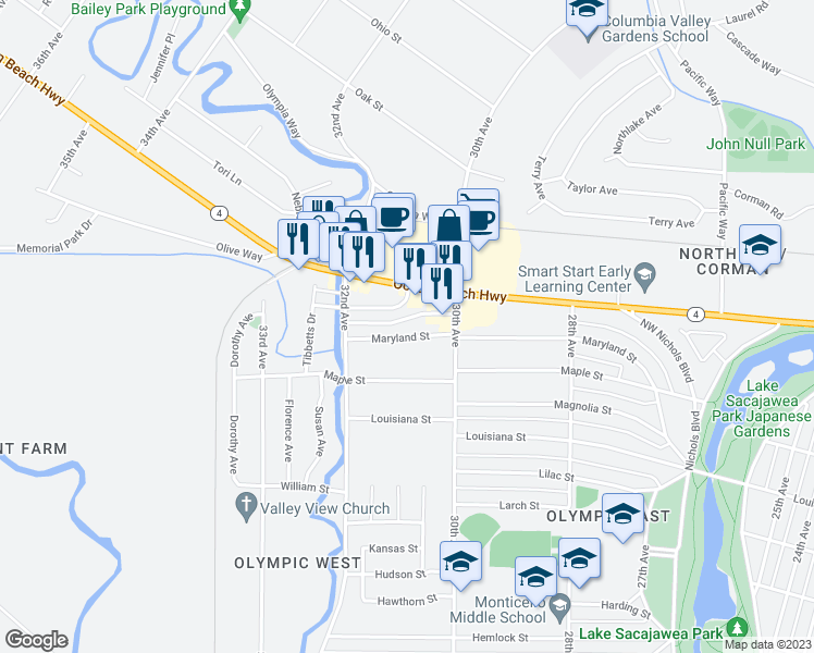map of restaurants, bars, coffee shops, grocery stores, and more near 3050 Maryland Street in Longview